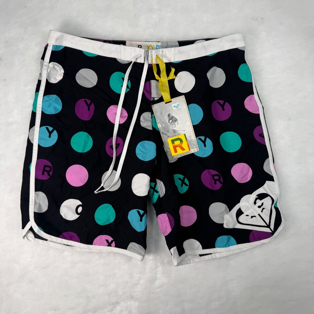 NWT Roxy Board Shorts 5 Black Colorful Polka Dot Logo Print Y2K Womens Retro